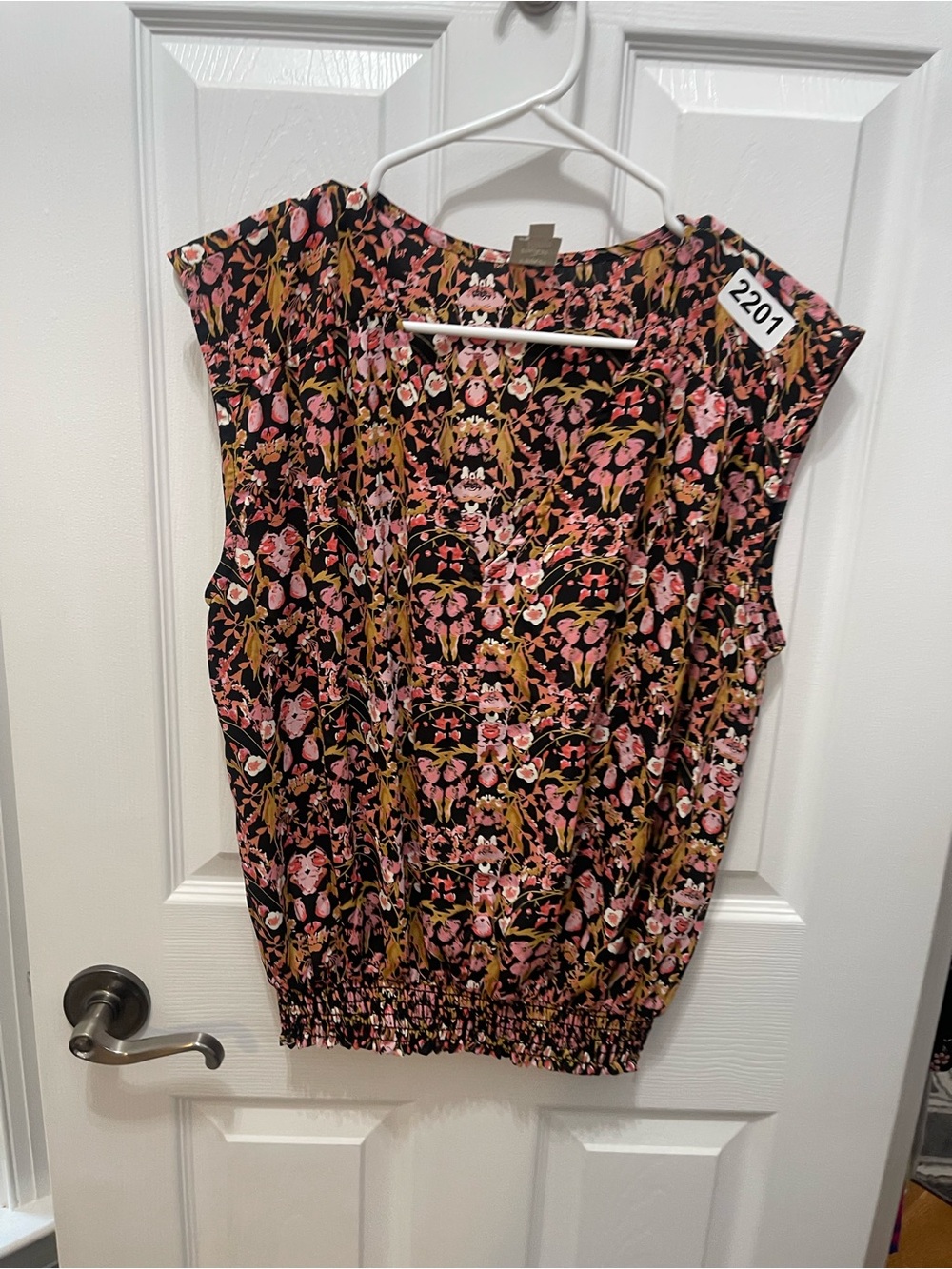 Women's Black Floral Cap-Sleeve Blouse with Pink and Gold Print